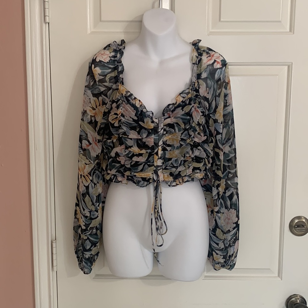 Blue B Collection Black Floral Long Sleeve Off the Shoulder Chiffon Blouse crop